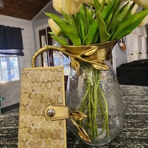 Coach Gold Tone Patterned Bi-Fold Wallet- Measures 6.5×4